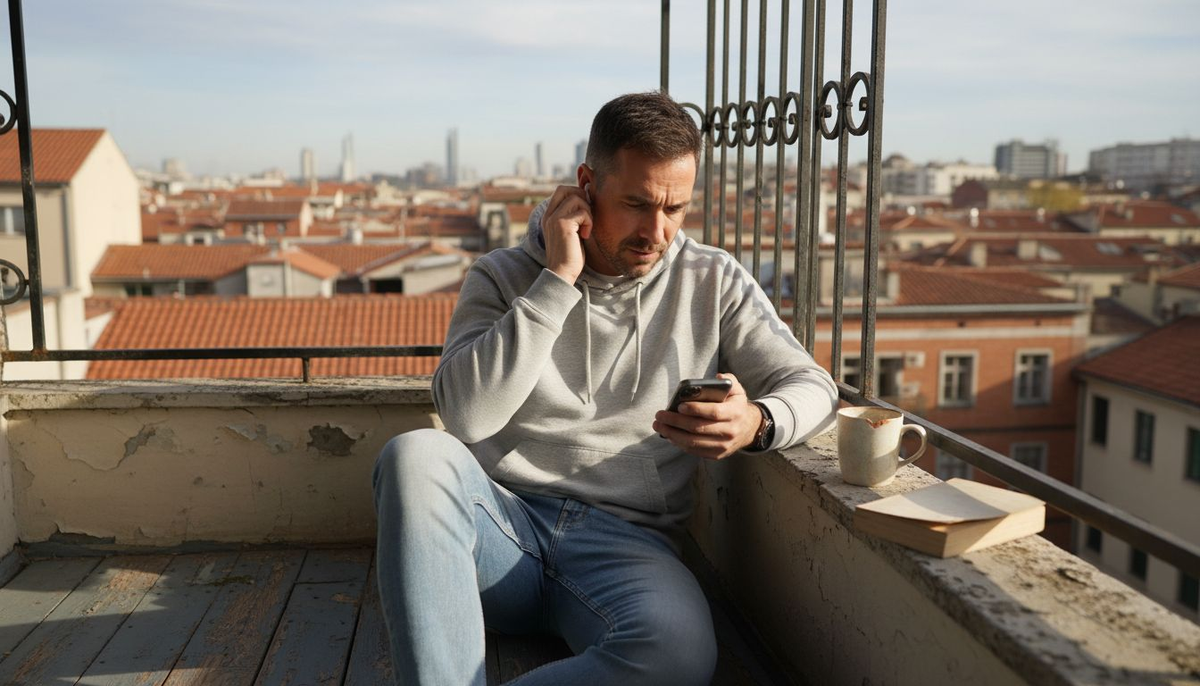 Man wearing AirPods listening on balcony