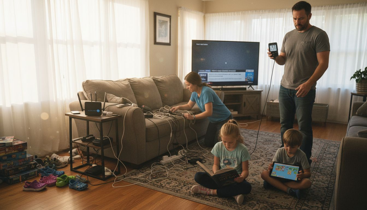 Family checks EMF levels in living room